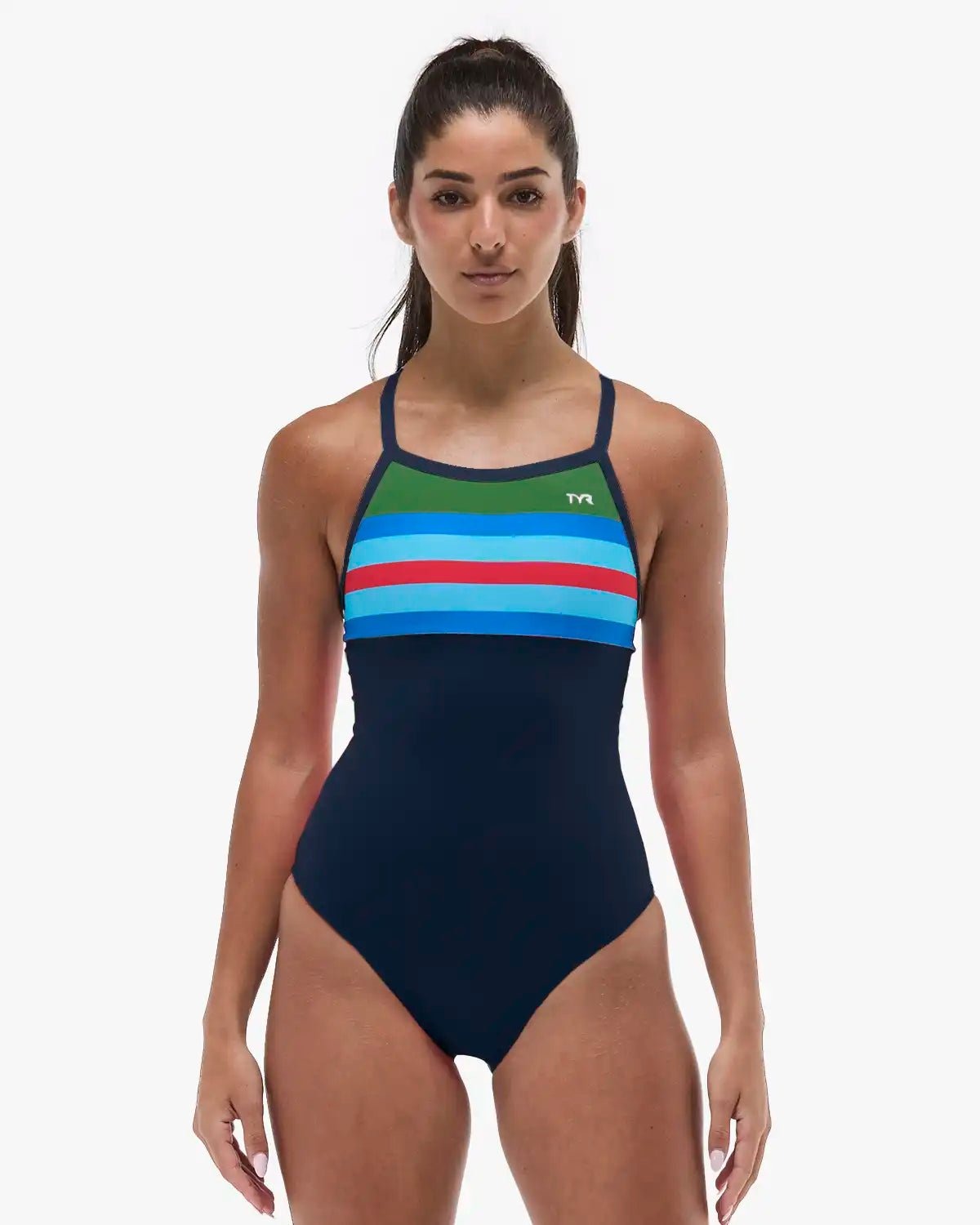 TYR Women's Stripe Durafast Elite Diamondfit Fit Katie Ledecky Swimsuit  One Piece Swimsuits  Tyr