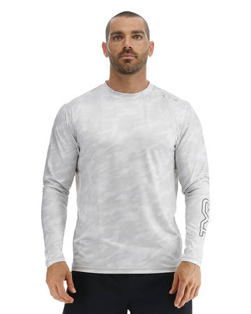 TYR SunDefense Men's Vented Long Sleeve Rash Guard Crew Shirt - Camohex