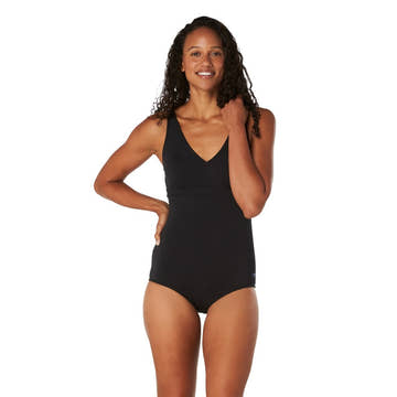 Speedo Solid V Neck One Piece Swimsuit  Women's Aquatic Fitness Swimsuits  Speedo
