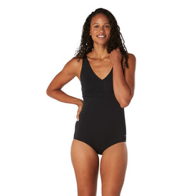 Speedo Solid V Neck One Piece Swimsuit  Women's Aquatic Fitness Swimsuits  Speedo