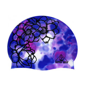 Water Gear Blue Flower Graphic Silicone Swim Cap  Swim Caps  Water Gear