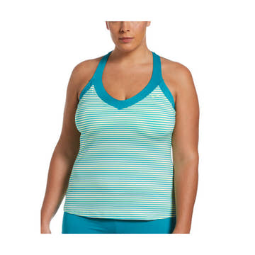 Nike Plus Size Micro Stripe V-neck Tankini Top  Women's Aquatic Fitness Swimsuits  Nike