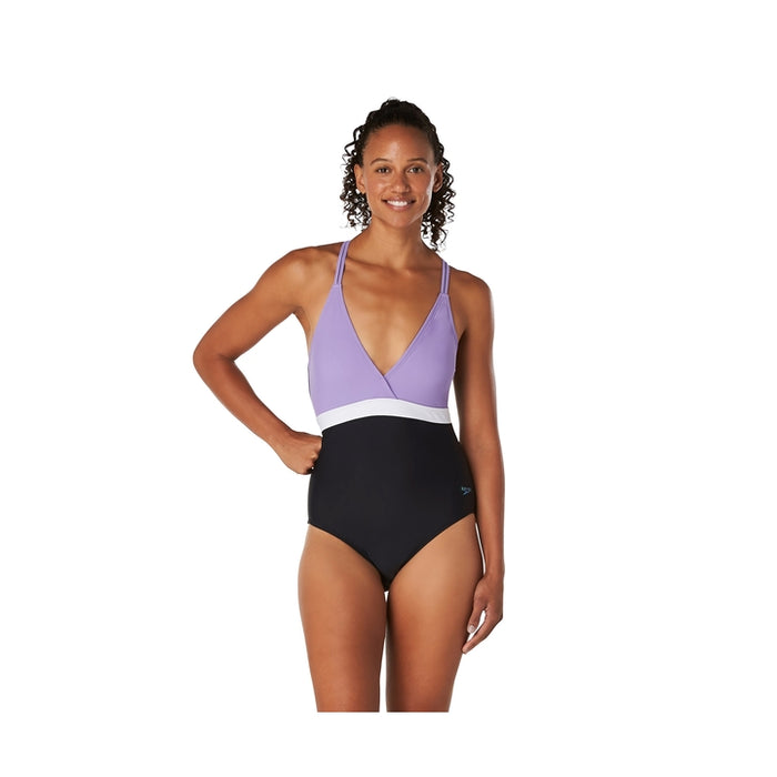 Speedo Women's Standard Swimsuit One Piece Adjustable Crossback Contemporary Cut - Paisley Purple