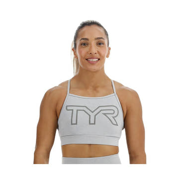 Tyr Base Kinetic Women's High Neck Big Logo Sports Bra - Heather  Activewear  Tyr